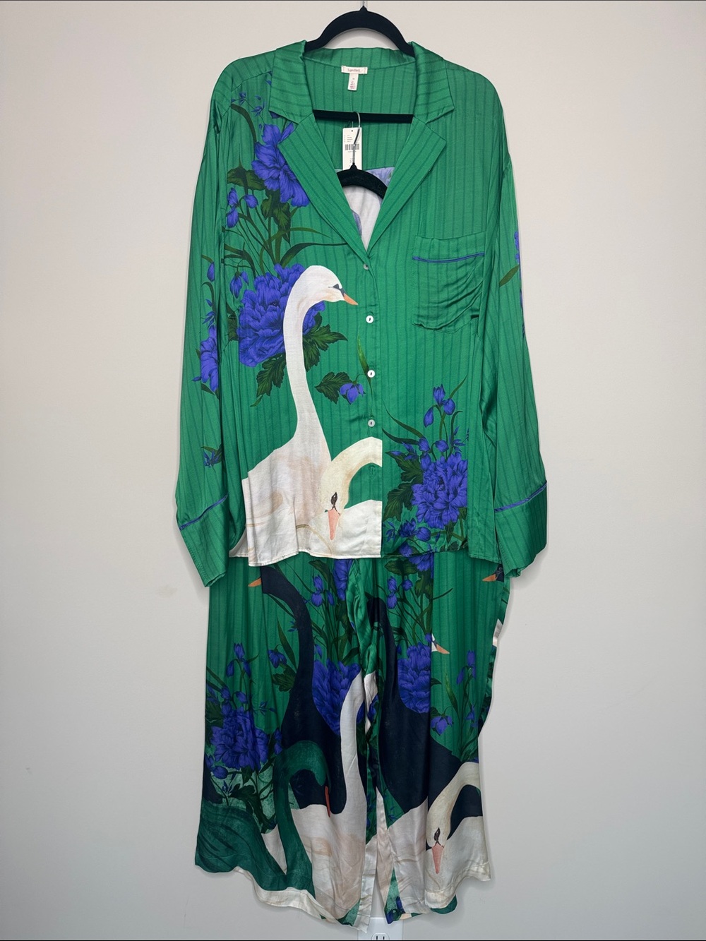 Anthropologie LyreBird Green Swan Floral Pajama Set Sz 3X